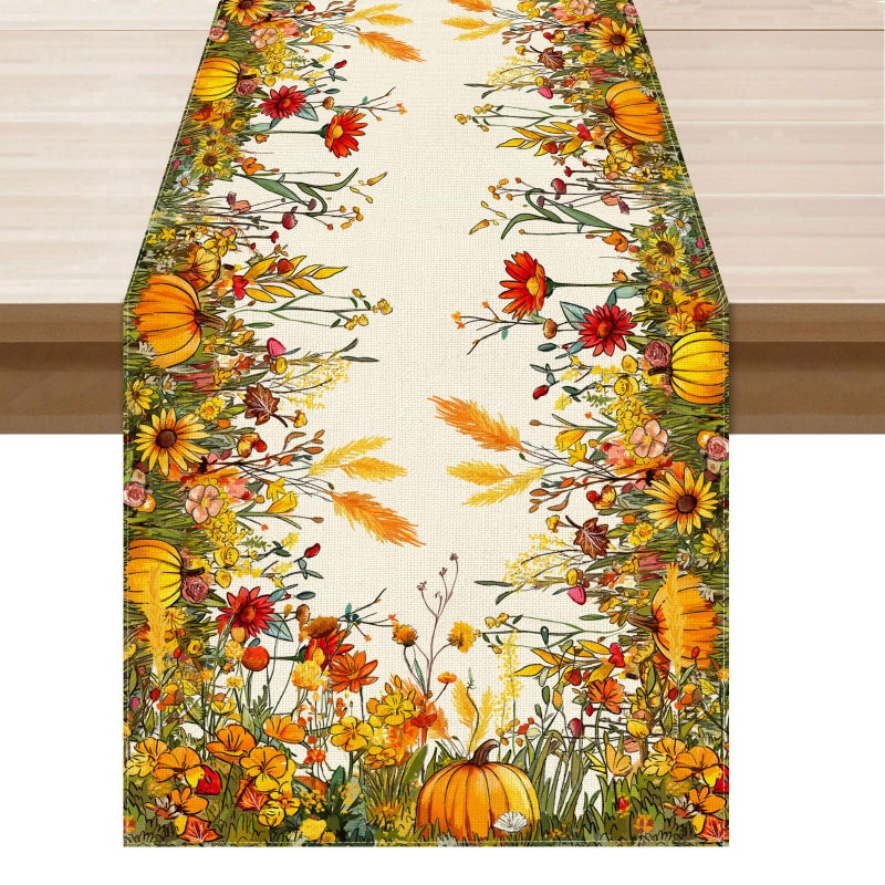 XCHI Wild Flowers Pumpkin Table Runner Table Decoration for Kitchen Dining Dinner Autumn Home Decor 13x72 Inch - Image 1