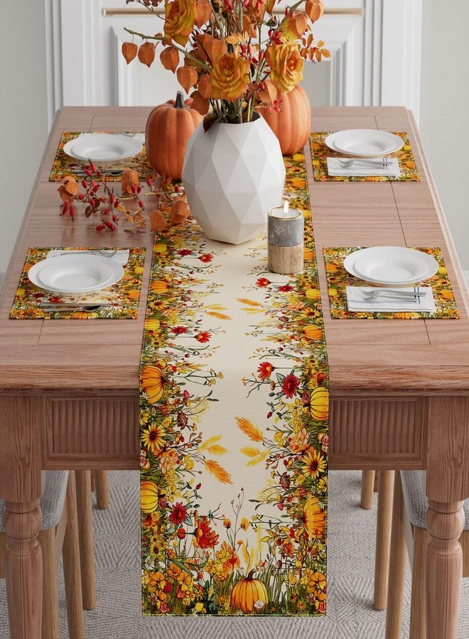 XCHI Wild Flowers Pumpkin Table Runner Table Decoration for Kitchen Dining Dinner Autumn Home Decor 13x72 Inch - Image 2