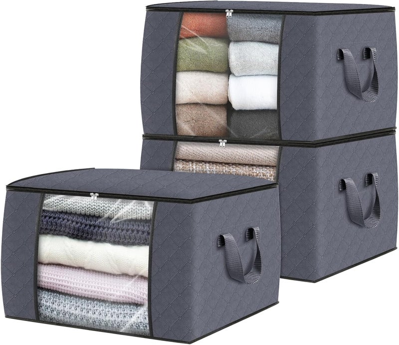 Fab totes Labor saving 3-Pack Clothes Storage, Foldable Blanket Storage Bags, Storage Containers for Organizing Bedroom, Closet, Clothing, Comforter, Organization and Storage with Lids and Handle, Grey Land transit & shipment compatible - Image 1