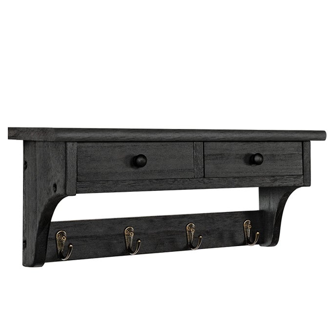 WOOD COAT HOOKS WALL MOUNTED RUSTIC STYLE WITH 4 HOOKS SHELF FOR ENTRYWAY MUDROOM BEDROOM KITCHEN BATHROOM BLACK