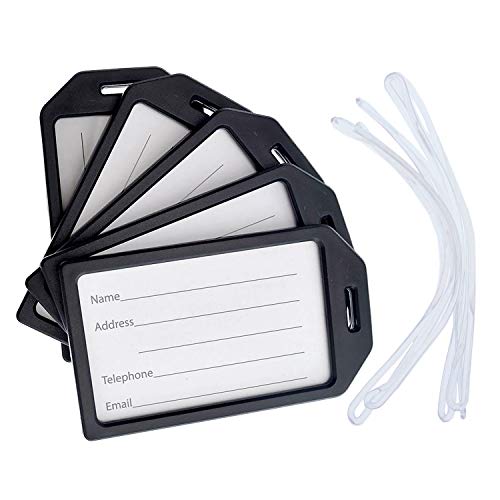 Specialist ID 5 Pack - Premium Rigid Airline Luggage Tag Holders with 6" Worm Loops - Heavy Duty Hard Plastic -Suitcase ID Tag Identifiers with Business Card Insert Window by Specialist ID (Black) - Image 1