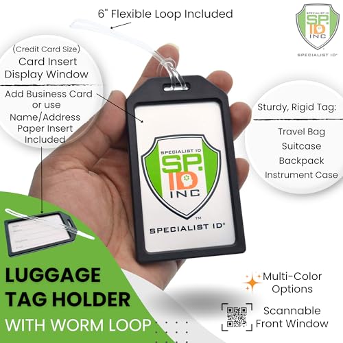 Specialist ID 5 Pack - Premium Rigid Airline Luggage Tag Holders with 6" Worm Loops - Heavy Duty Hard Plastic -Suitcase ID Tag Identifiers with Business Card Insert Window by Specialist ID (Black) - Image 2