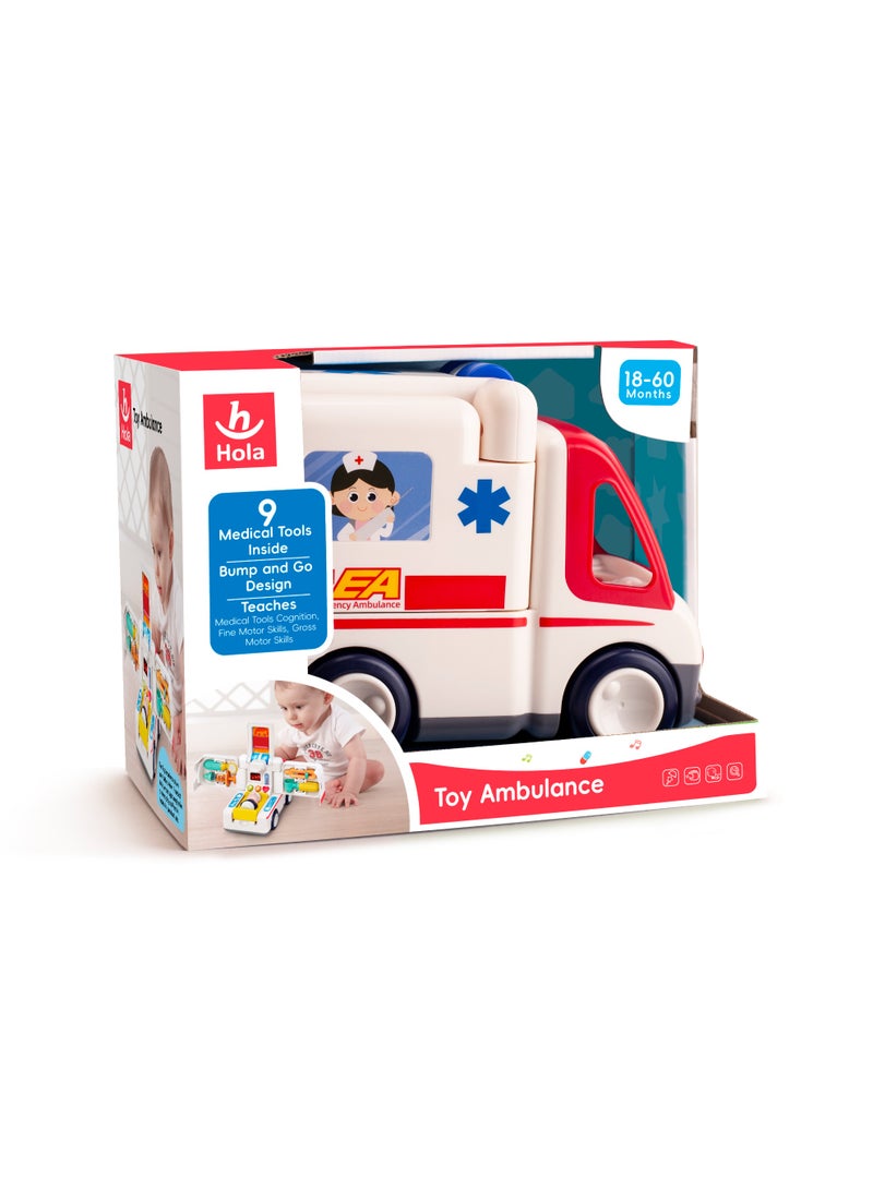 Hola Toy Ambulance with Lights & Sounds, Bump-and-Go Feature, 9 Medical Tools, Removable Driver & Patient Figures, Educational Pretend Play for Kids 3Y+, Promotes Fine Motor Skills & Imagination - Image 3