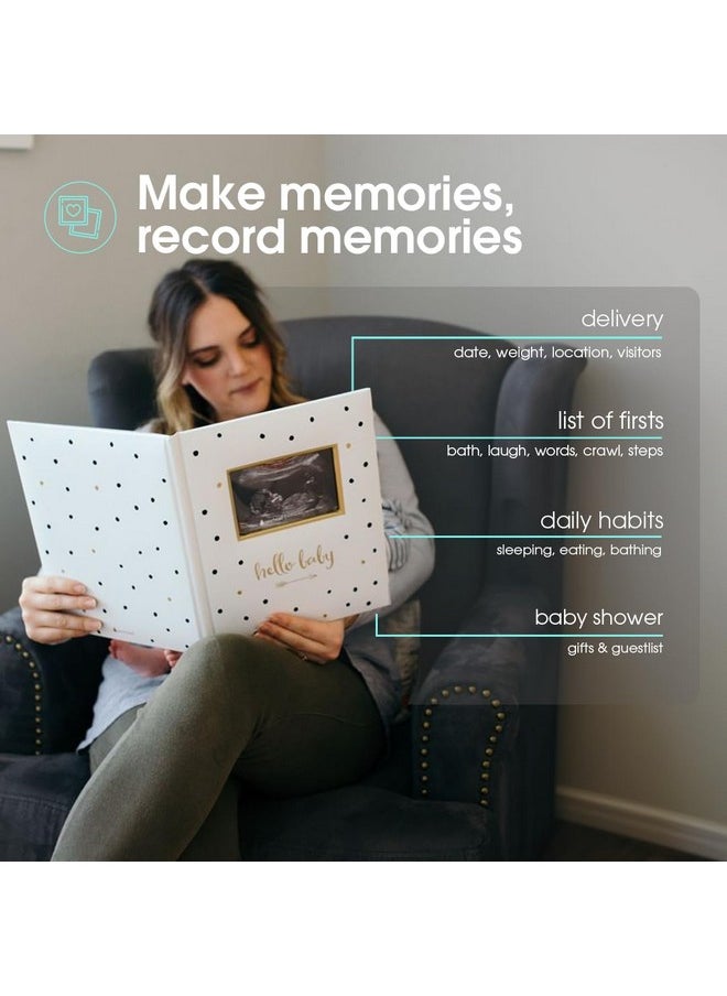 pearhead Hello Baby First 5 Years Memory Book, Gender-Neutral Baby Keepsake For New And Expectant Parents, Pregnancy And Milestone Journal, Modern Minimalist Black And Gold Polka Dot  - Image 3