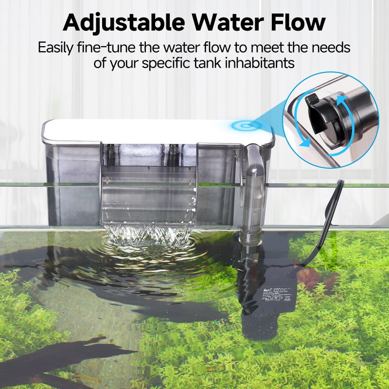 AQQA Quiet 20-30 Gallon Fish Tank Filters - Auto Start Hang on Back Aquarium Filter, 6W/ 8W Adjustable Flow, Deodorization Decontamination Filter System AQ168 (6W 158GPH) - Image 2