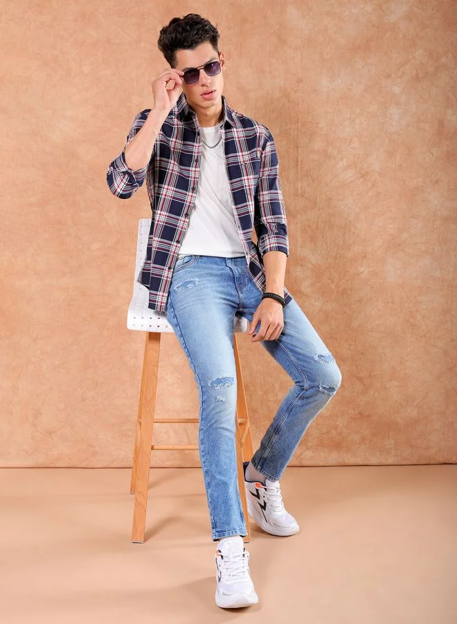 شركة المرآب الهندية Men Slim Fit Checkered Full Sleeves Cutaway Collar Casual Shirt