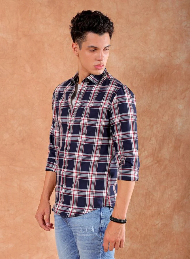 شركة المرآب الهندية Men Slim Fit Checkered Full Sleeves Cutaway Collar Casual Shirt