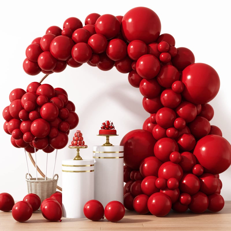 RUBFAC 129pcs Ruby Red Balloon Arch Kit, Different Sizes 18 12 10 5 Inches Cherry Red Burgundy Balloons for Garland Birthday Wedding Party Decorations - Image 1