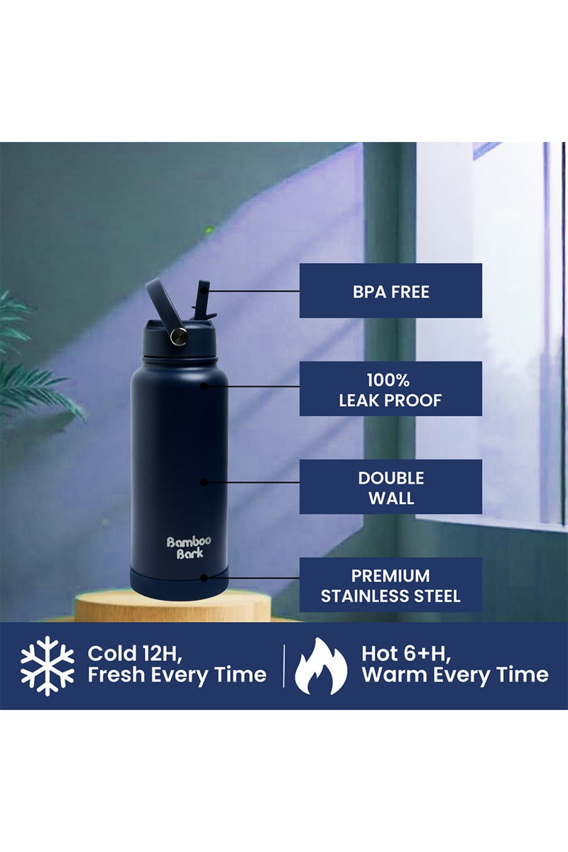 Bamboo Bark 1000 ML Insulated Water Bottle with Sipper Lid – Stainless Steel Double Wall Vacuum Flask for Hot & Cold Water Leak-Proof, Reusable Sports Thermos Bottle - (Deep Navy) - Image 2