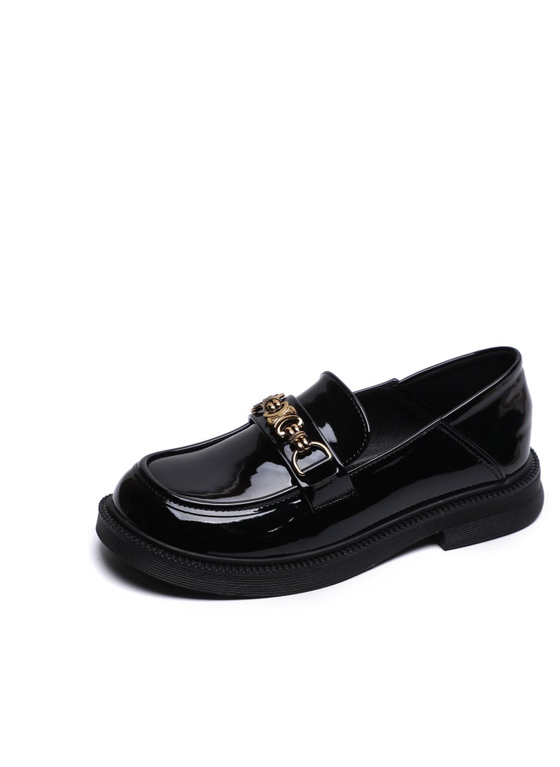 Loquat Preppy Round Toed Leather Shoes Black  - Image 1