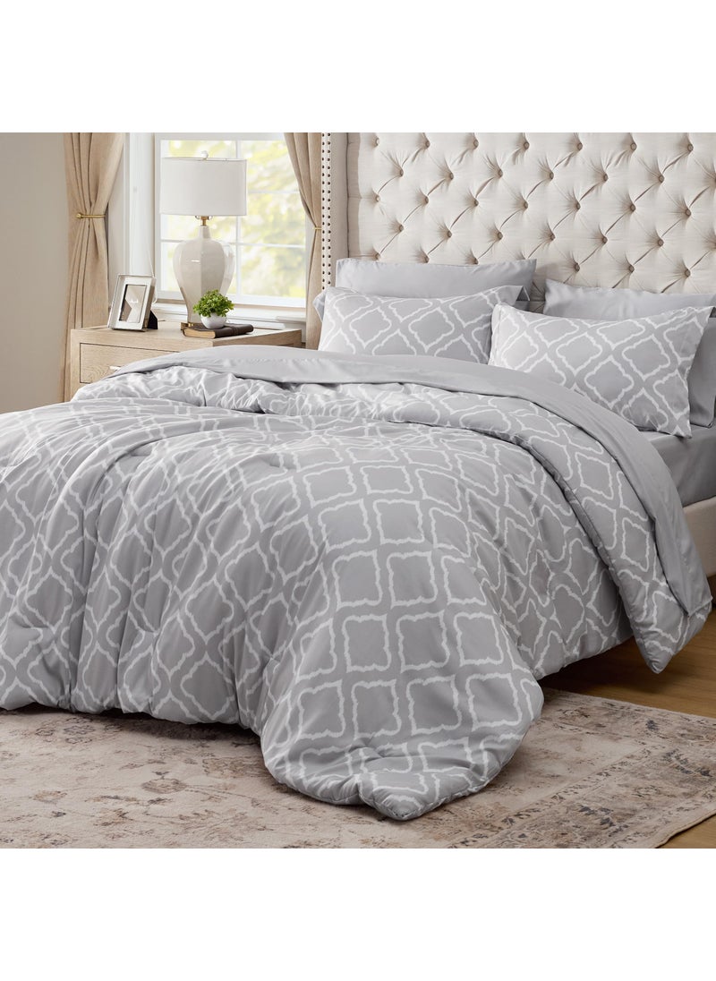 Bedsure Bedsure Full Comforter Set 7 Pieces - Grey Quatrefoil Comforters Full Size  Lightweight Bedding Sets for All Season  Bed in a Bag with Comforters  Sheets  Pillowcases & Shams  - Image 1