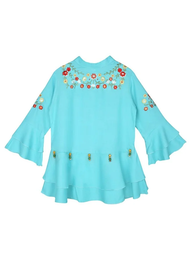 آي شين Blue & Red Floral Embroidered Peplum Top