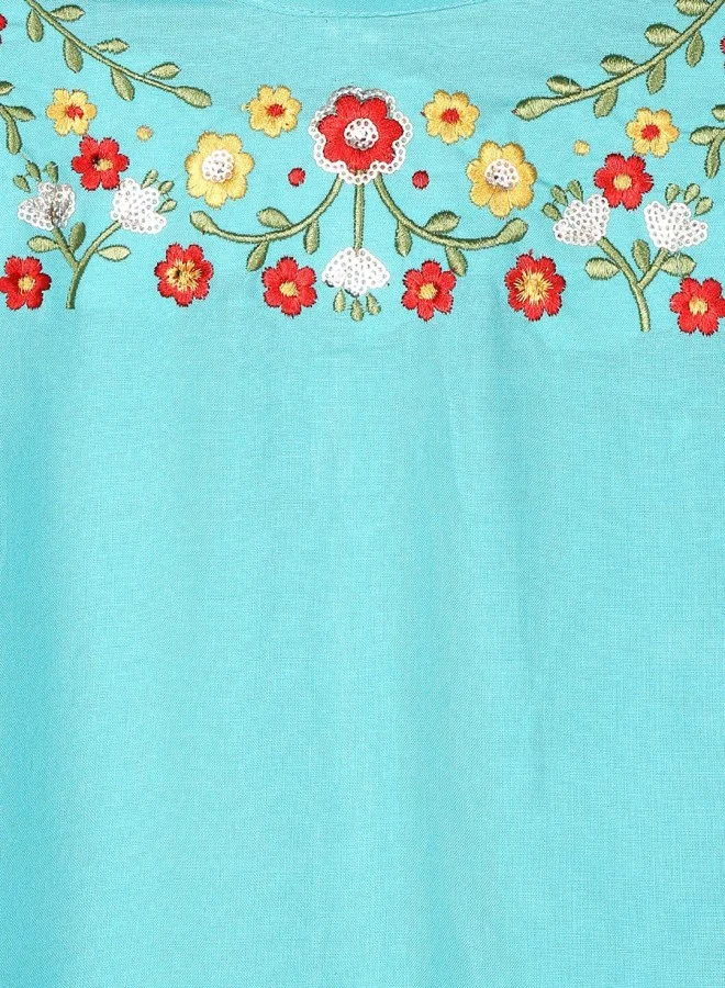 ISHIN Women's Blue 100% Cotton Self Design A-Line Tops