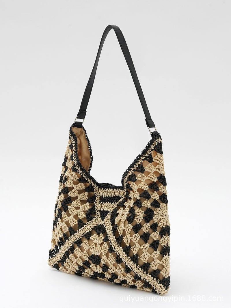 Popular Straw Bag Butterfly Bag Contrasting Triangle Cut Out Beach Bag Grandmother Checkered Shoulder Bag Hand-Woven Bag For Women - Image 3