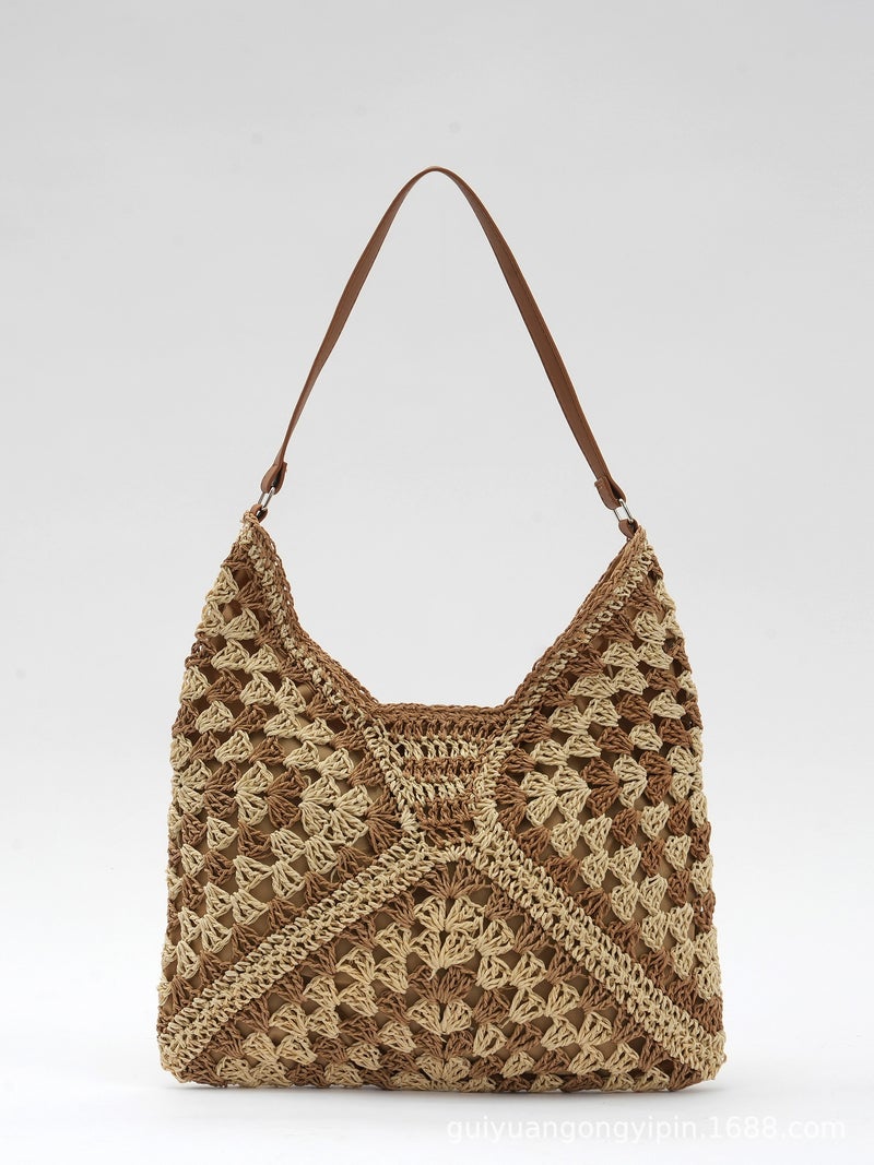 Popular Straw Bag Butterfly Bag Contrasting Triangle Cut Out Beach Bag Grandmother Checkered Shoulder Bag Hand-Woven Bag For Women - Image 4
