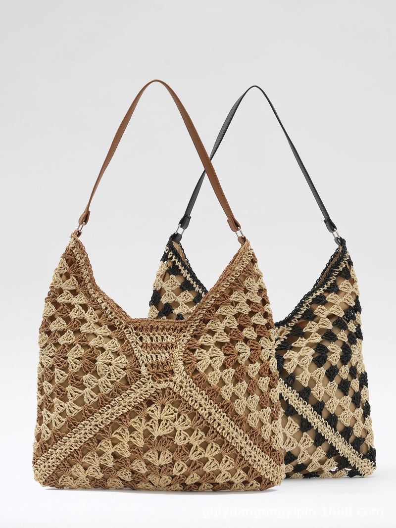 Popular Straw Bag Butterfly Bag Contrasting Triangle Cut Out Beach Bag Grandmother Checkered Shoulder Bag Hand-Woven Bag For Women - Image 2
