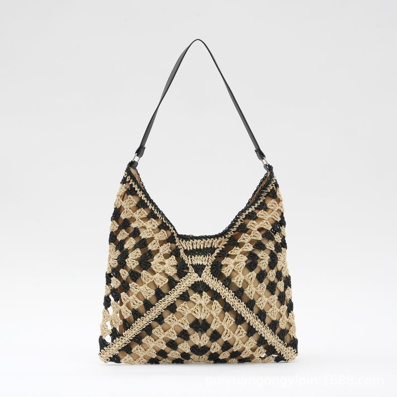 Popular Straw Bag Butterfly Bag Contrasting Triangle Cut Out Beach Bag Grandmother Checkered Shoulder Bag Hand-Woven Bag For Women - Image 1