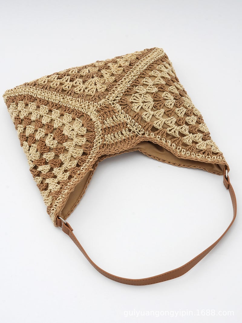 Popular Straw Bag Butterfly Bag Contrasting Triangle Cut Out Beach Bag Grandmother Checkered Shoulder Bag Hand-Woven Bag For Women - Image 5