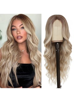 NAYOO Long Blonde Wavy Wig For Women - 26 Inch Middle Part Curly Synthetic Heat Resistant Fiber Wig For Daily Party Use (Ombre Blonde)  - Image 1