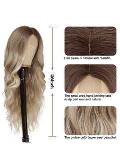 NAYOO Long Blonde Wavy Wig For Women - 26 Inch Middle Part Curly Synthetic Heat Resistant Fiber Wig For Daily Party Use (Ombre Blonde)  - Image 3