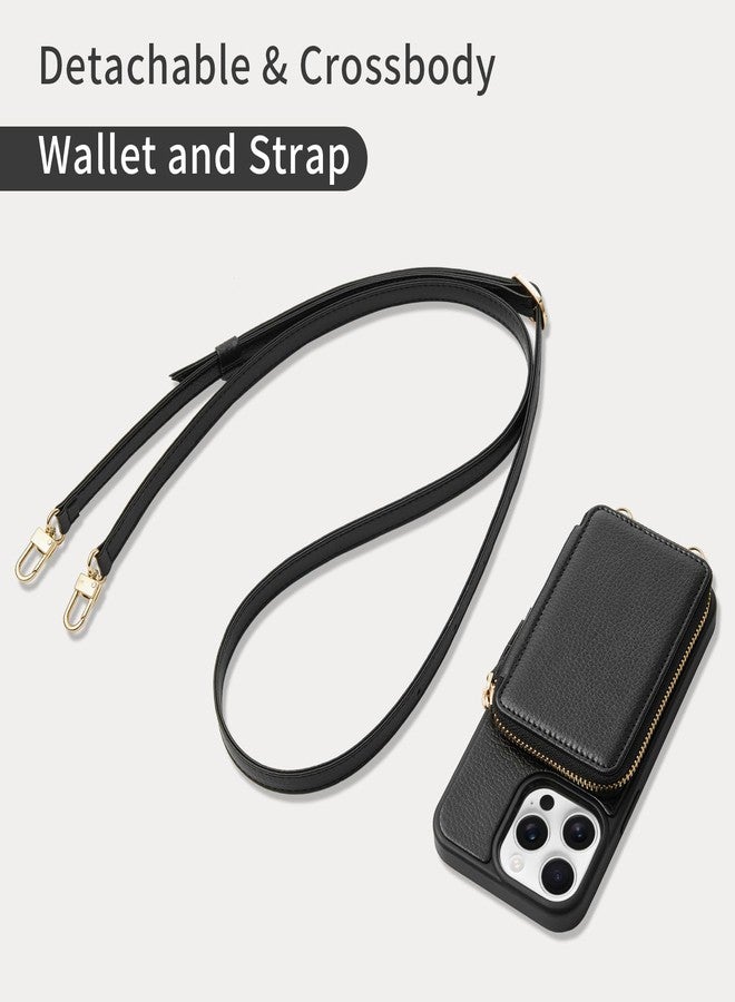 ZVE for iPhone 15 Pro Wallet Case, Crossbody Phone Purse with Card Holder for Women, Zipper Leather RFID Blocking Carrying Cover with Wrist Strap for iPhone 15 Pro 6.1 inch- Black - Image 5