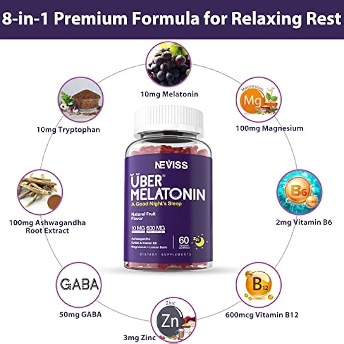 NEVISS Melatonin Gummies 10mg 20mg for Adults, Melatonin 10 mg per Gummy with Ashwagandha, Magnesium Glycinate, GABA, L-theanine, Valerian Root & Lemon Balm, Rest Support Supplement, Grape Flavor, 2-Pack - Image 3