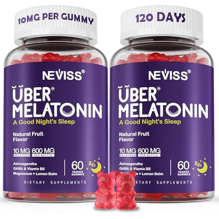 NEVISS Melatonin Gummies 10mg 20mg for Adults, Melatonin 10 mg per Gummy with Ashwagandha, Magnesium Glycinate, GABA, L-theanine, Valerian Root & Lemon Balm, Rest Support Supplement, Grape Flavor, 2-Pack - Image 1