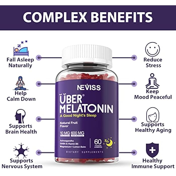 NEVISS Melatonin Gummies 10mg 20mg for Adults, Melatonin 10 mg per Gummy with Ashwagandha, Magnesium Glycinate, GABA, L-theanine, Valerian Root & Lemon Balm, Rest Support Supplement, Grape Flavor, 2-Pack - Image 4