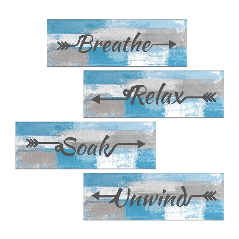 ARS Graphics ARS® 4 Pieces Blue and Grey Abstract Bathroom Wall Art, Relax Soak Unwind Breathe Signs Decor - Image 1