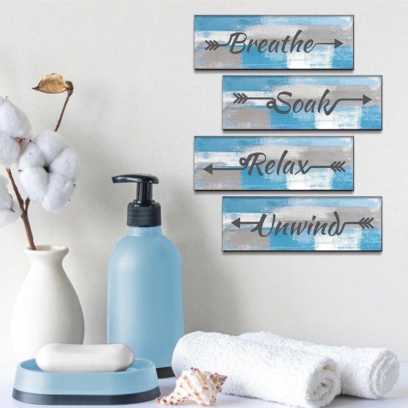 ARS Graphics ARS® 4 Pieces Blue and Grey Abstract Bathroom Wall Art, Relax Soak Unwind Breathe Signs Decor - Image 3