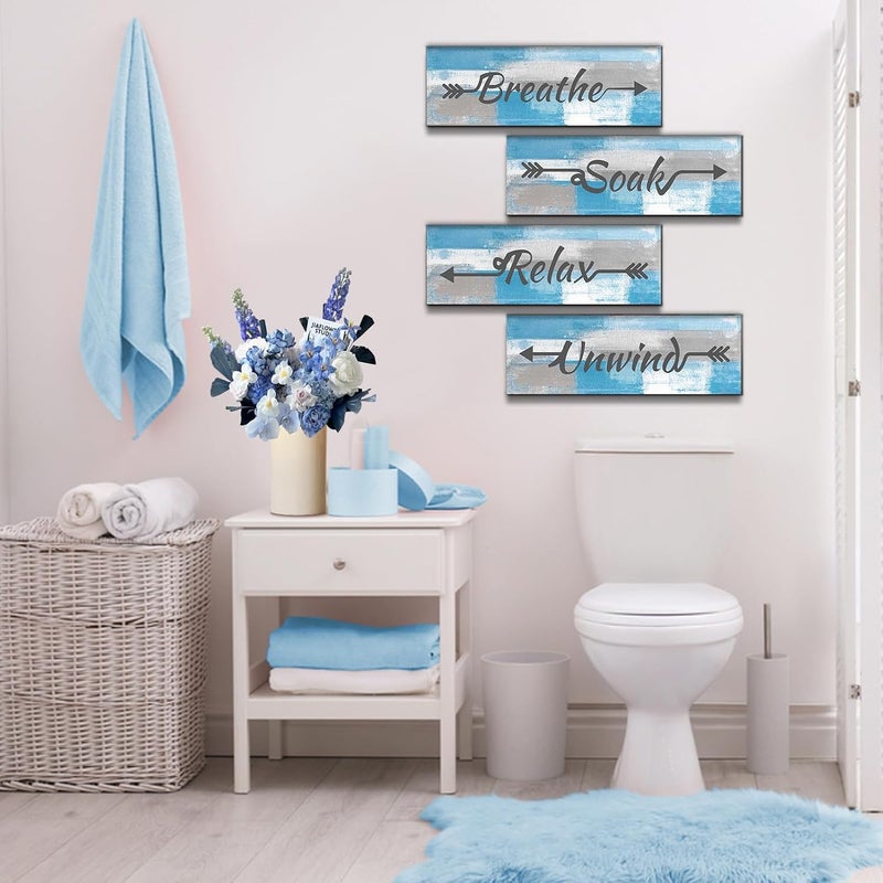 ARS Graphics ARS® 4 Pieces Blue and Grey Abstract Bathroom Wall Art, Relax Soak Unwind Breathe Signs Decor - Image 4