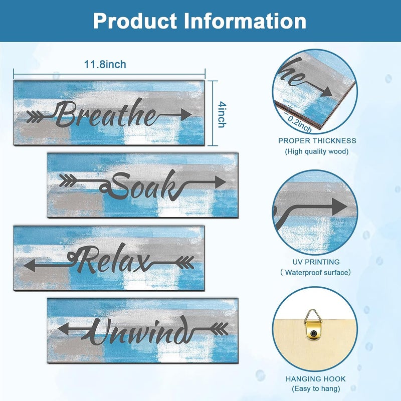 ARS Graphics ARS® 4 Pieces Blue and Grey Abstract Bathroom Wall Art, Relax Soak Unwind Breathe Signs Decor - Image 2