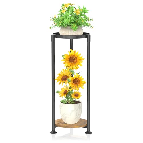 KMOTASUO 2 Tier Black Plant Stand Indoor for Large Tall Heavy Duty Planter, Multiple Sturdy Metal Flower Corner Rack for Narrow House Floor, Iron Vertical Level Round Orchi Holder Organizer, Modern - Image 1