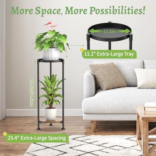 KMOTASUO 2 Tier Black Plant Stand Indoor for Large Tall Heavy Duty Planter, Multiple Sturdy Metal Flower Corner Rack for Narrow House Floor, Iron Vertical Level Round Orchi Holder Organizer, Modern - Image 5