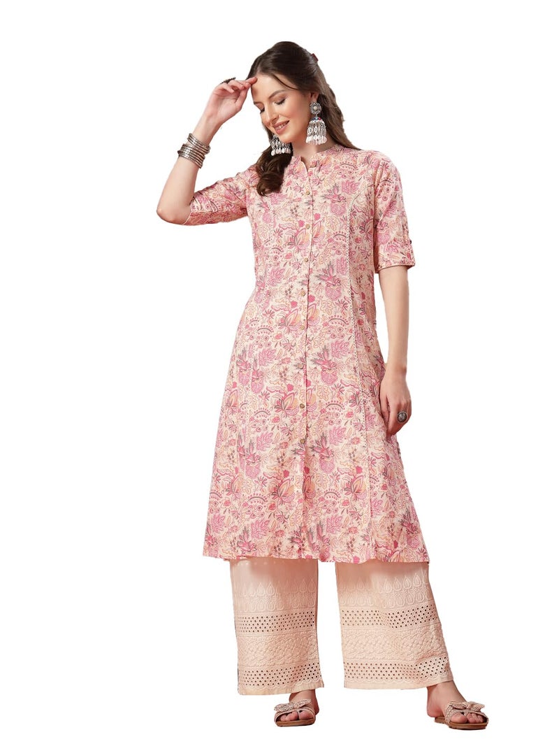 Stylum Women's Pink Floral Printed Rayon A-Line Kurta - Image 1