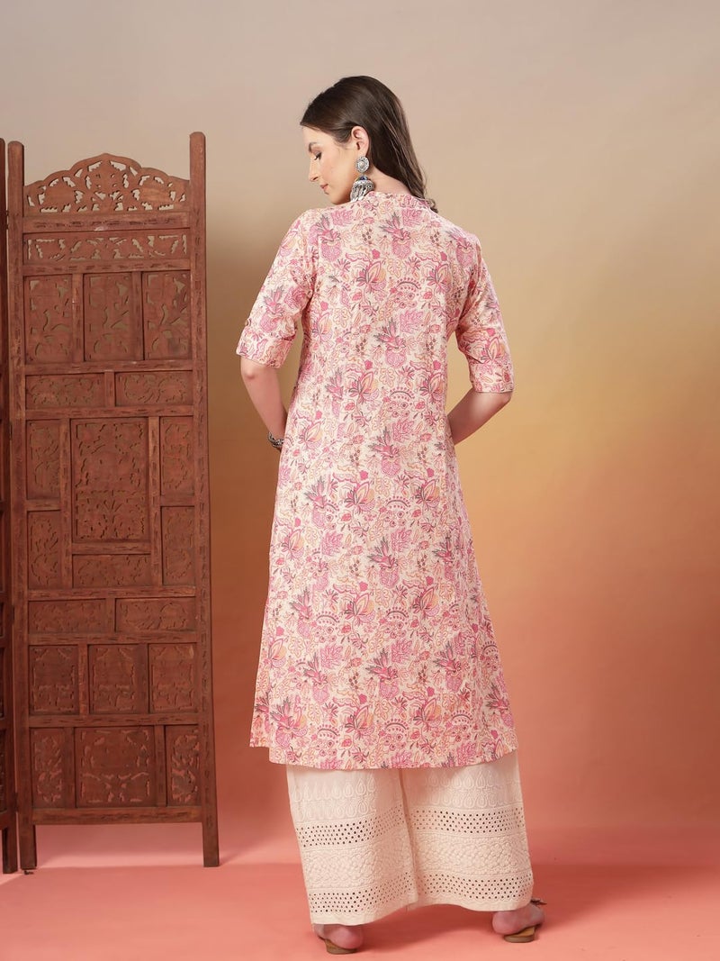 Stylum Women's Pink Floral Printed Rayon A-Line Kurta - Image 2