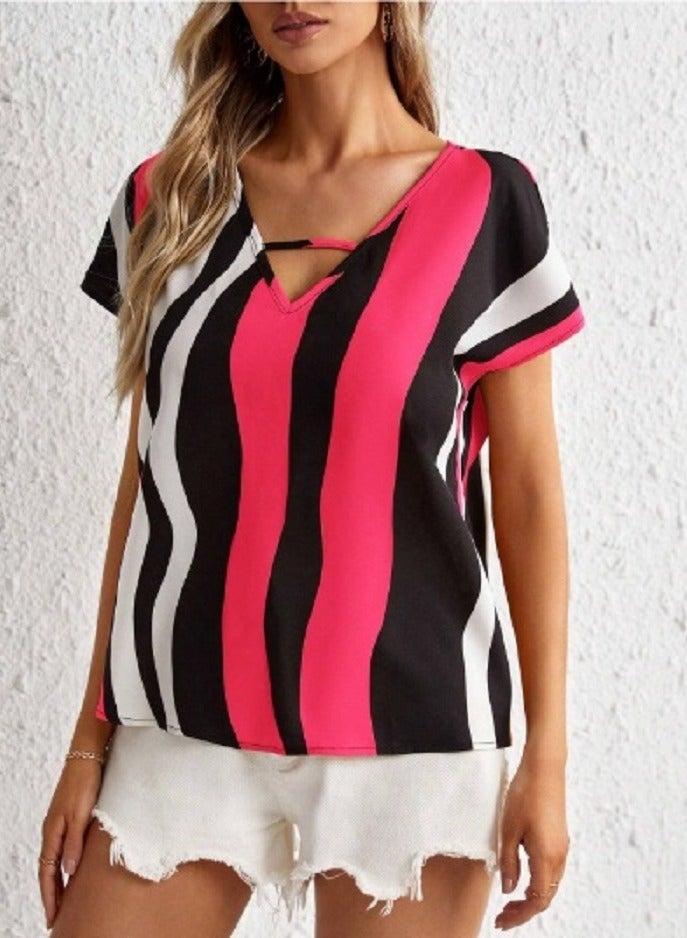 Shein SHEIN Clasi Striped Print V-cut Neck Blouse  - Image 2