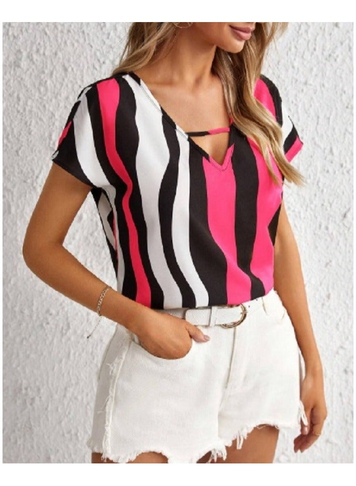 Shein SHEIN Clasi Striped Print V-cut Neck Blouse  - Image 3