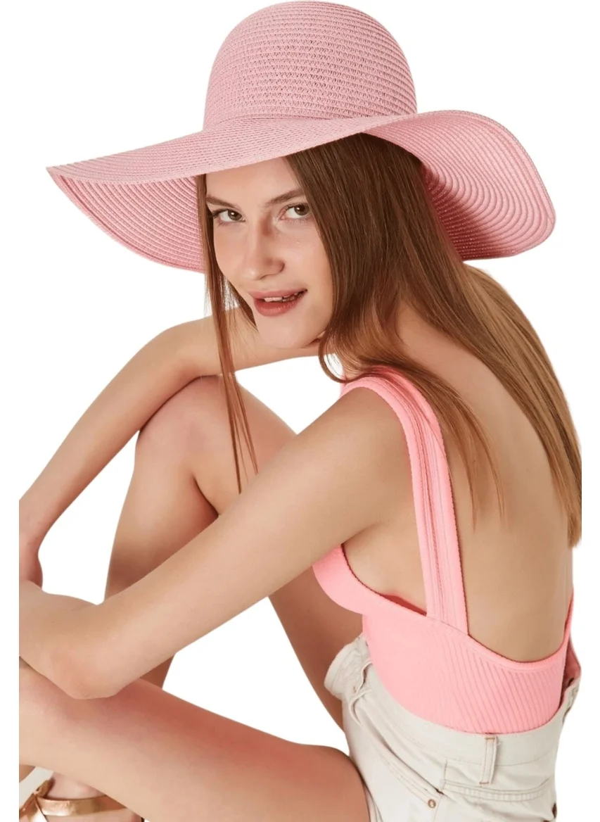 Butikburuc Women's Candy Pink Wide Straw Beach Hat