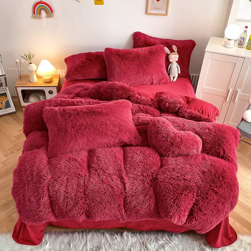 chovy Faux Fur Plush Dark Red Comforter Sets Queen Ultra Soft Shaggy Flannel Velvet Fluffy Fuzzy 3PC Bedding Set Comforter x 1 Pillowcases x 2