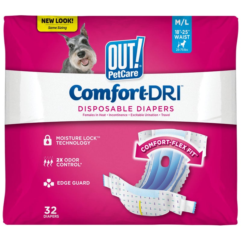 OUT! Petcare Disposable Dog Diapers for Female Dogs, Dog Heat Diapers, Female Dog Period Pads, Female Doggy Diaper for Peeing, Pet Diapers for Small Pets,18”-25” Waist, Medium/Large, 32 Count - Image 1