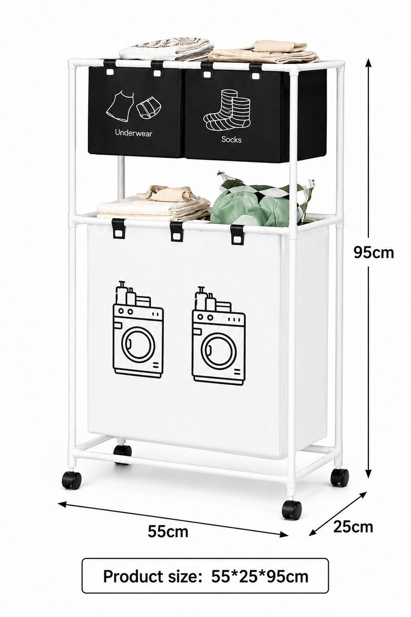 O2. 2-Tier Laundry Basket Organizer with 3 Detachable Bags and Wheels, Space-Saving Clothes Sorter Rack with 2 Upper Sorting Bins for Socks and Underwear, Large Bottom Laundry Basket for Bathroom, Bedroom, Dorm and Laundry Room - Image 3