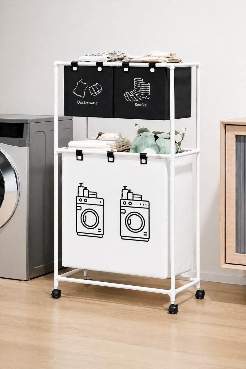 O2. 2-Tier Laundry Basket Organizer with 3 Detachable Bags and Wheels, Space-Saving Clothes Sorter Rack with 2 Upper Sorting Bins for Socks and Underwear, Large Bottom Laundry Basket for Bathroom, Bedroom, Dorm and Laundry Room - Image 5