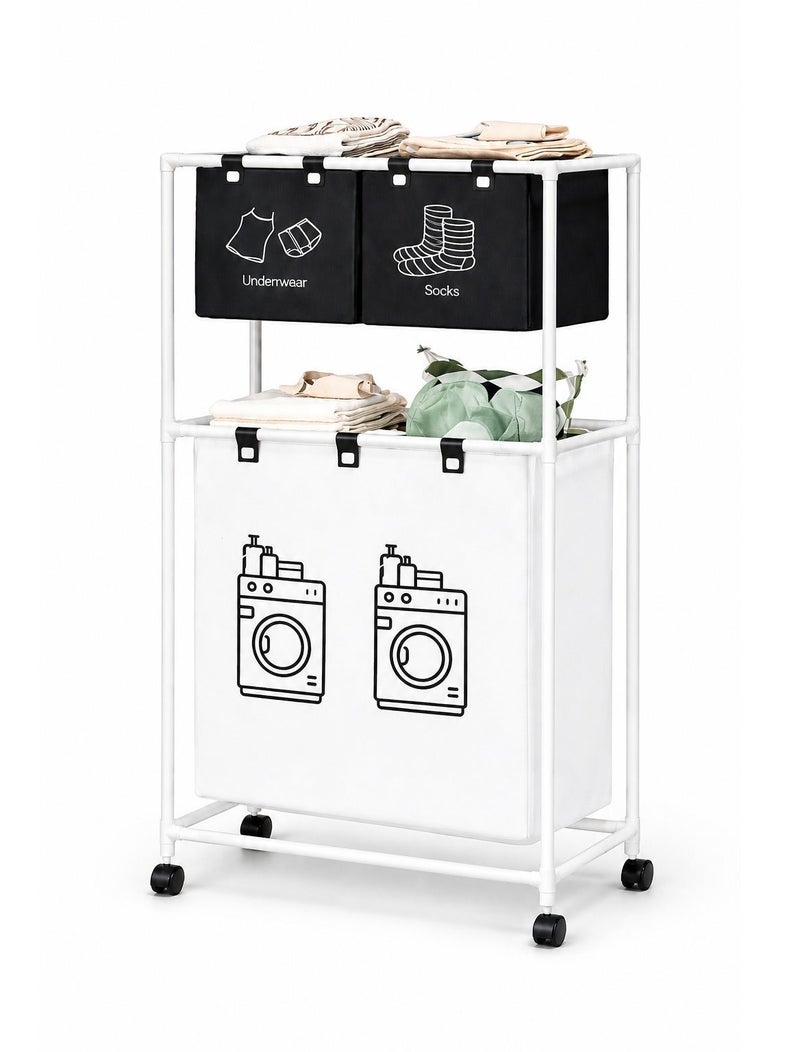 O2. 2-Tier Laundry Basket Organizer with 3 Detachable Bags and Wheels, Space-Saving Clothes Sorter Rack with 2 Upper Sorting Bins for Socks and Underwear, Large Bottom Laundry Basket for Bathroom, Bedroom, Dorm and Laundry Room - Image 2