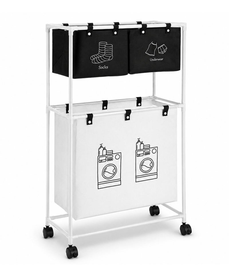 O2. 2-Tier Laundry Basket Organizer with 3 Detachable Bags and Wheels, Space-Saving Clothes Sorter Rack with 2 Upper Sorting Bins for Socks and Underwear, Large Bottom Laundry Basket for Bathroom, Bedroom, Dorm and Laundry Room - Image 4