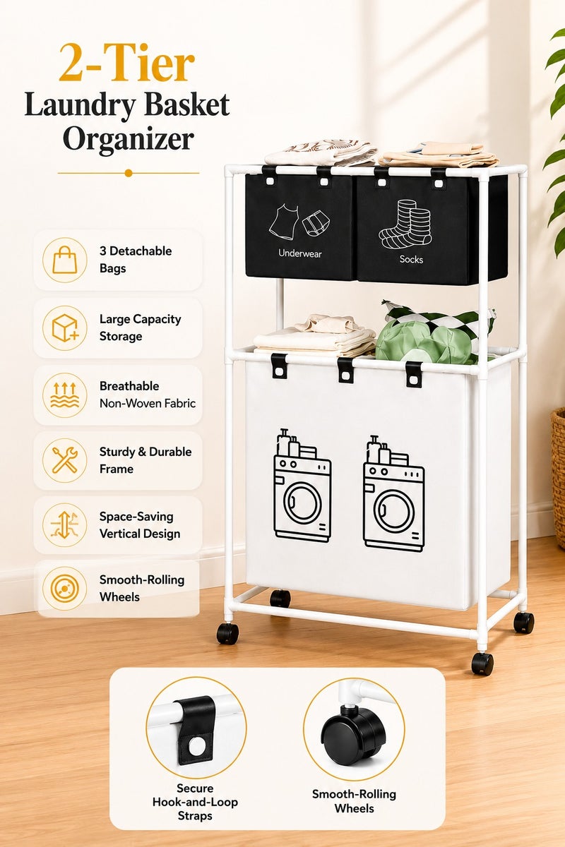 O2. 2-Tier Laundry Basket Organizer with 3 Detachable Bags and Wheels, Space-Saving Clothes Sorter Rack with 2 Upper Sorting Bins for Socks and Underwear, Large Bottom Laundry Basket for Bathroom, Bedroom, Dorm and Laundry Room - Image 1