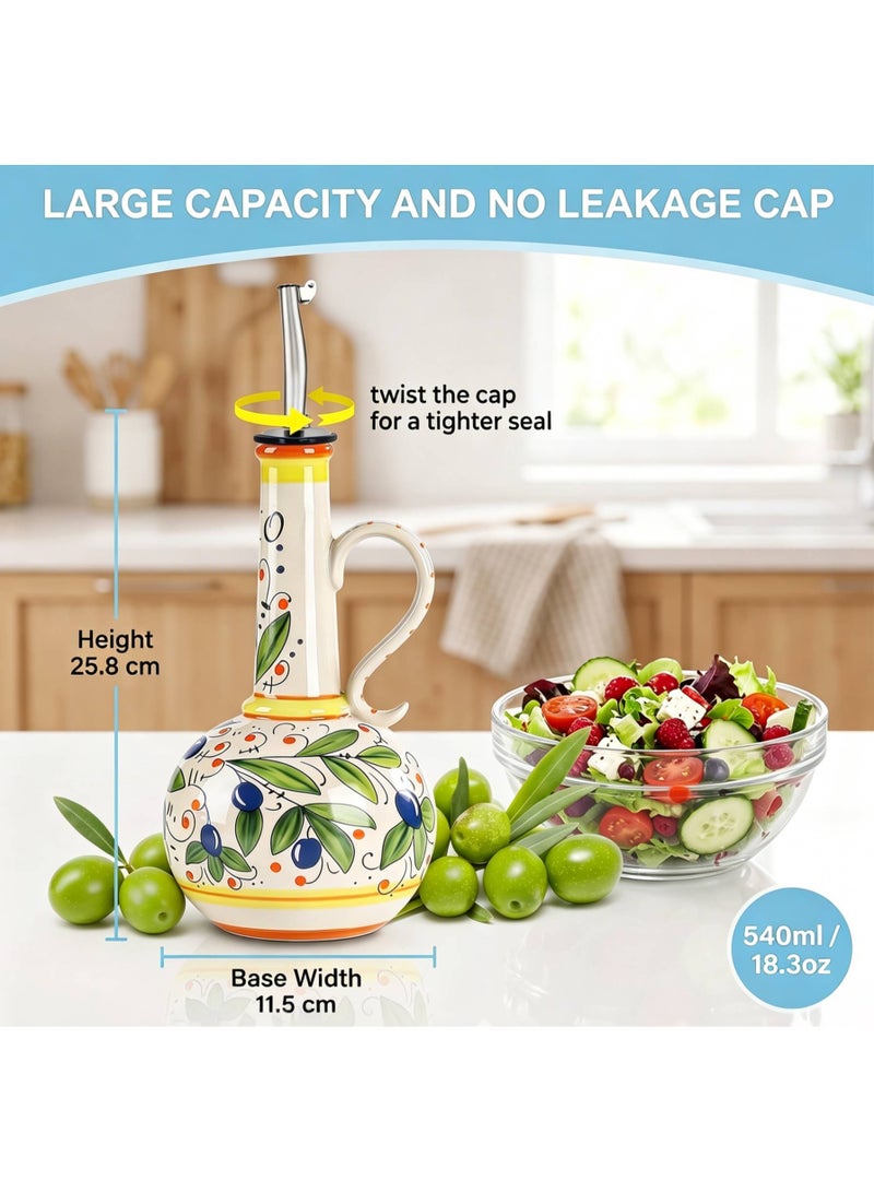 AceLuste 540ML Hand-Painted Ceramic Olive Oil Dispenser for Kitchen,  Large Capacity Oil Vinegar Cruet with Stainless Steel Spout, Premium Stoneware Oil Bottle, Multi-Use Oil Container for Oil, Vinegar, Soy Sauce Etc, Best Gift Choice for Family and Friends - Image 2