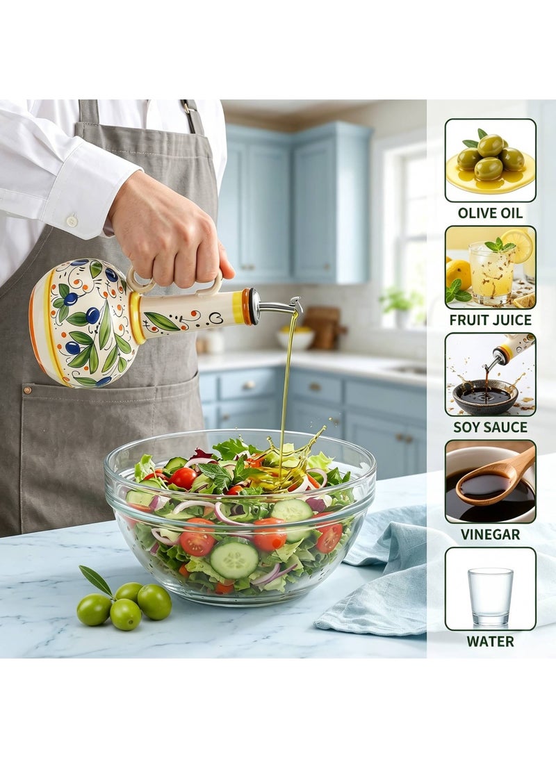AceLuste 540ML Hand-Painted Ceramic Olive Oil Dispenser for Kitchen,  Large Capacity Oil Vinegar Cruet with Stainless Steel Spout, Premium Stoneware Oil Bottle, Multi-Use Oil Container for Oil, Vinegar, Soy Sauce Etc, Best Gift Choice for Family and Friends - Image 3