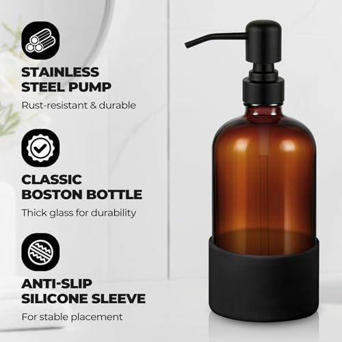 Homepicker 16 oz Hand and Dish Soap Dispenser Set for Kitchen and Bathroom, 500ml Amber Glass Soap Dispenser with Stainless Steel Pump, Non-Slip Silicone Sleeves, Labels - 2 Pack - Image 2