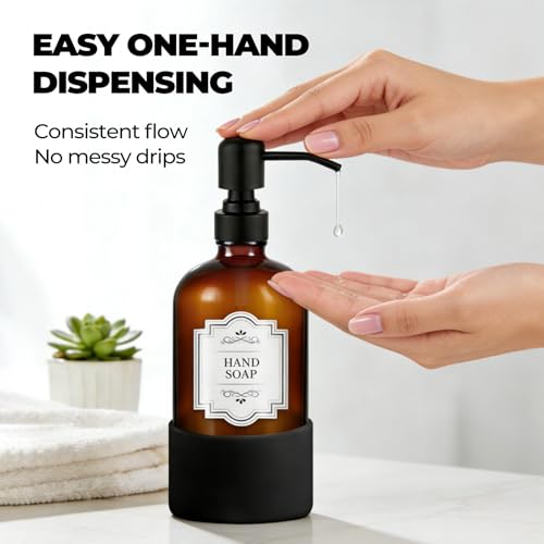 Homepicker 16 oz Hand and Dish Soap Dispenser Set for Kitchen and Bathroom, 500ml Amber Glass Soap Dispenser with Stainless Steel Pump, Non-Slip Silicone Sleeves, Labels - 2 Pack - Image 4